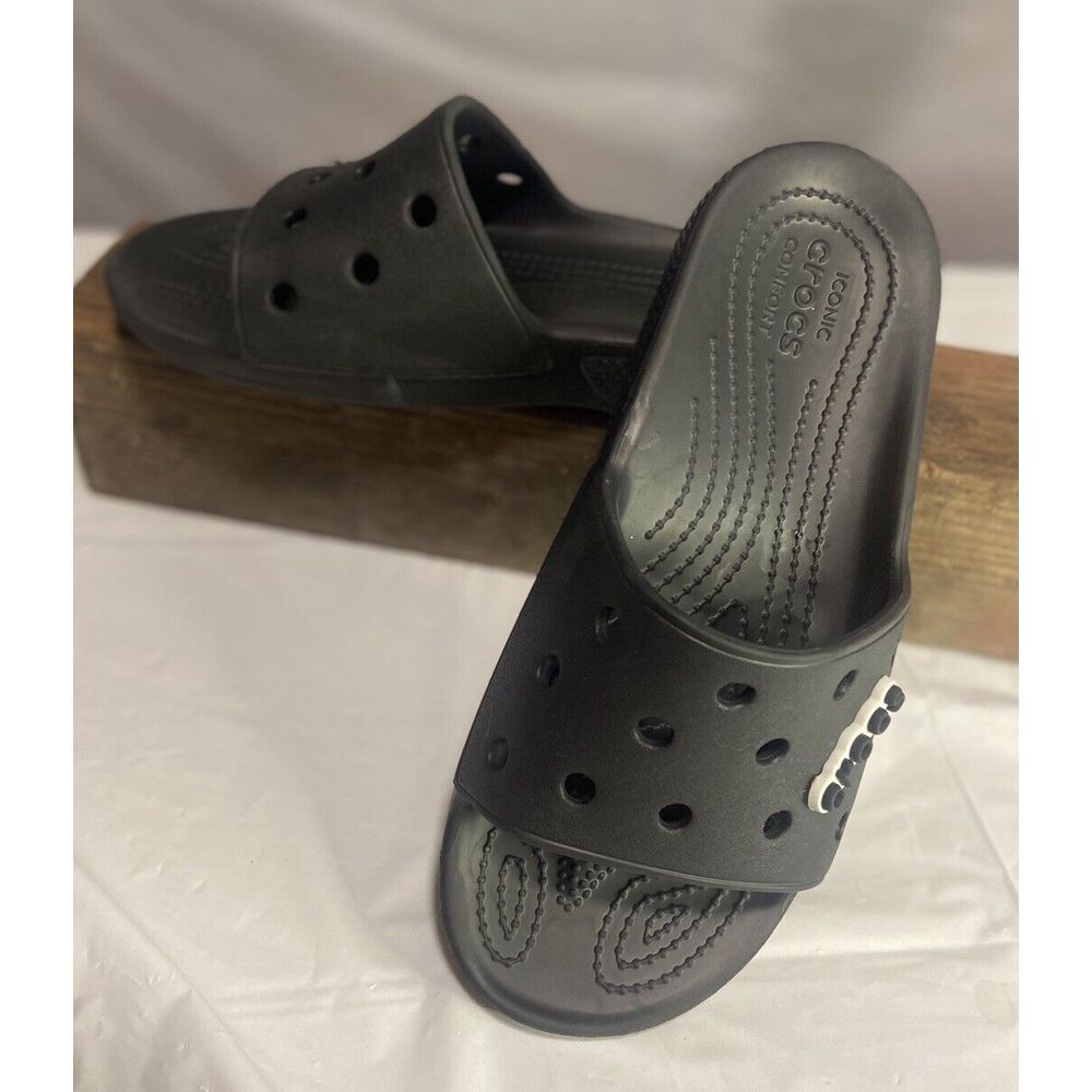 Unisex Crocs Black Classic Slides with Crocs Widgets-M (8)/W (10)- Great Shape